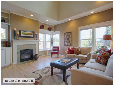 Home staging of (occupied) living room by Room Solutions Staging in Portland, OR